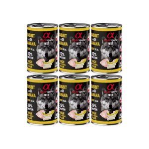 Pack 6 latas comida húmeda para perros Alpha Spirit conejo y plátano 400g – comida natural y sin cereales