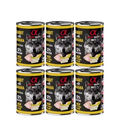 Pack 6 latas comida húmeda para perros Alpha Spirit conejo y plátano 400g – comida natural y sin cereales