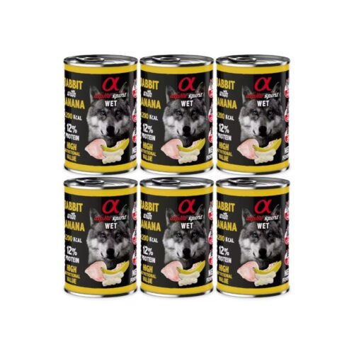 Pack 6 latas comida húmeda para perros Alpha Spirit conejo y plátano 400g – comida natural y sin cereales