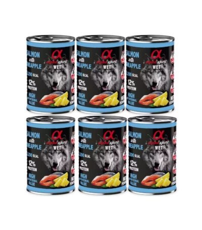 Pack de 6 latas Alpha Spirit salmón con piña 400 g – comida húmeda natural para perros sin cereales