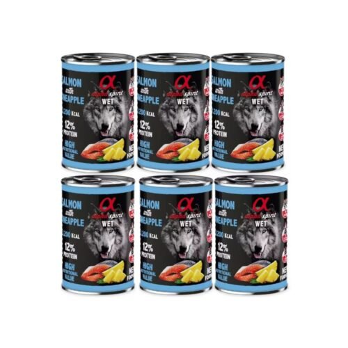 Pack de 6 latas Alpha Spirit salmón con piña 400 g – comida húmeda natural para perros sin cereales