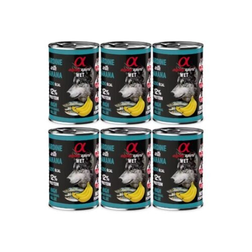 Pack de 6 latas Alpha Spirit sardina con plátano 400 g – comida húmeda natural para perros sin cereales