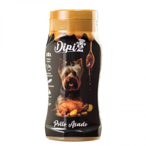 Salsa de pollo para perros sin refrigeración, con dosificador antigoteo, apta para perros con alergias, obesidad, problemas renales o digestivos.www.ecomascota.biz-