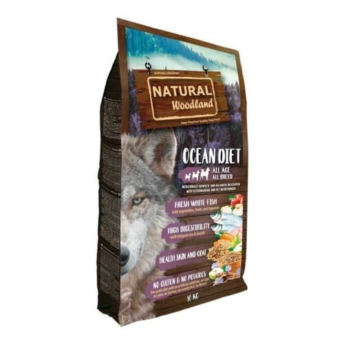 “Etiqueta del pienso Natural Woodland Ocean 10 kg para perros con pescado”