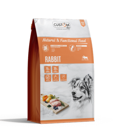 Pienso natural sin cereales para perros Custom Rabbit con carne de conejo y pato, alta digestibilidad, piel sana y articulaciones fuertes – www.ecomascota.biz