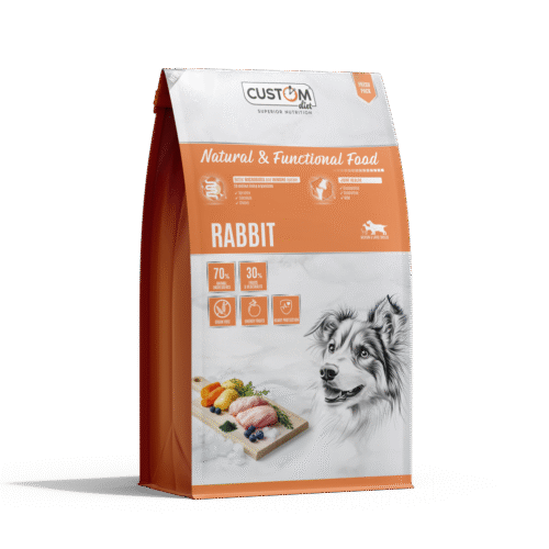 Pienso natural sin cereales para perros Custom Rabbit con carne de conejo y pato, alta digestibilidad, piel sana y articulaciones fuertes – www.ecomascota.biz