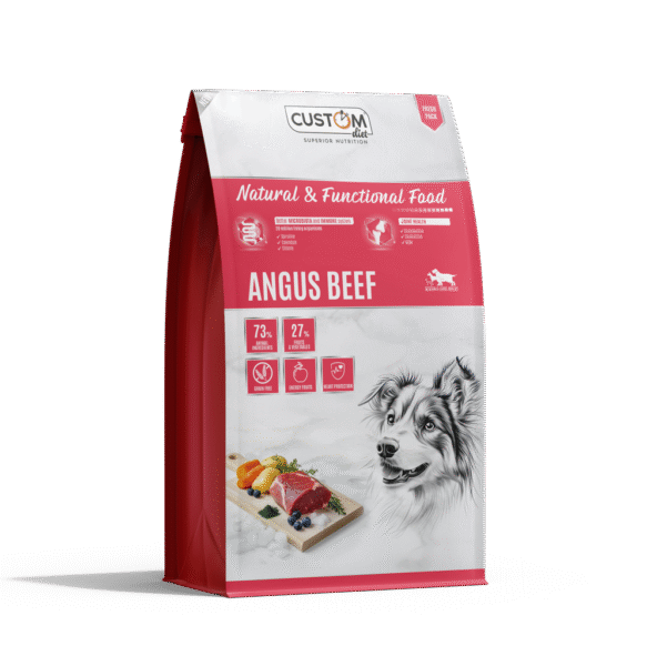 Pienso natural para perros Custom Diet Angus Beef con ternera y pollo fresco – alta proteína, sin cereales y con aceite de salmón – comprar en Ecomascota.biz